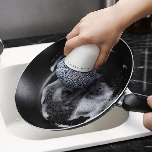 Rengöringsboll i polyester Rengöringsborste för hushållshandtag Köksborste med kort handtag för diskmaskin, färg: vit