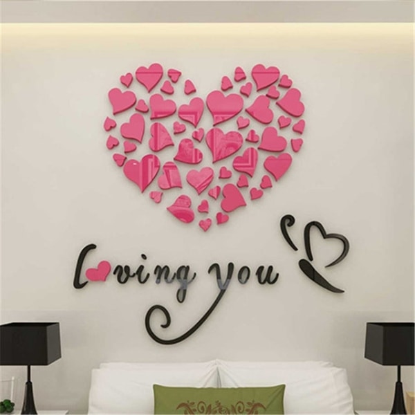 Love Heart DIY-avtagbara väggdekaler Rumsdekor 3d väggdekaler, storlek: 40cm x 40cm (rosa)