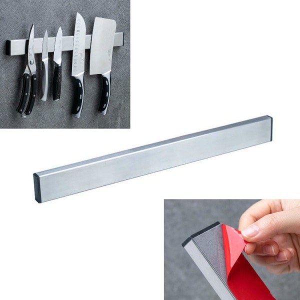Knivhållare i rostfritt stål Köksställ Magnetisk knivhållare för sug, längd: 30 cm, stil: 3M rött gummi (silver)