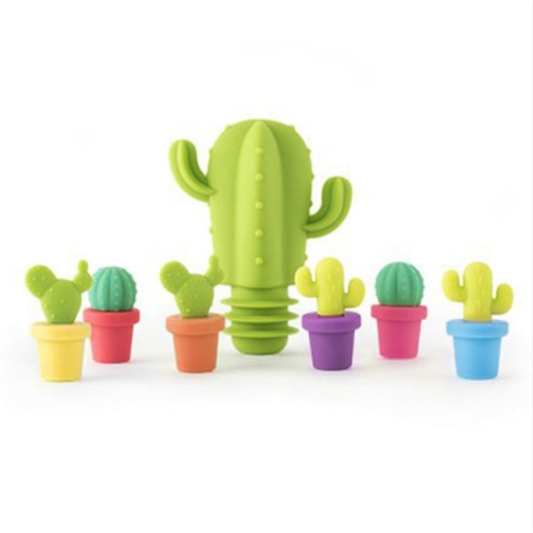 7 i 1 Creative Cactus Silikon Vinflaska Propp + Vinglas Marker Set