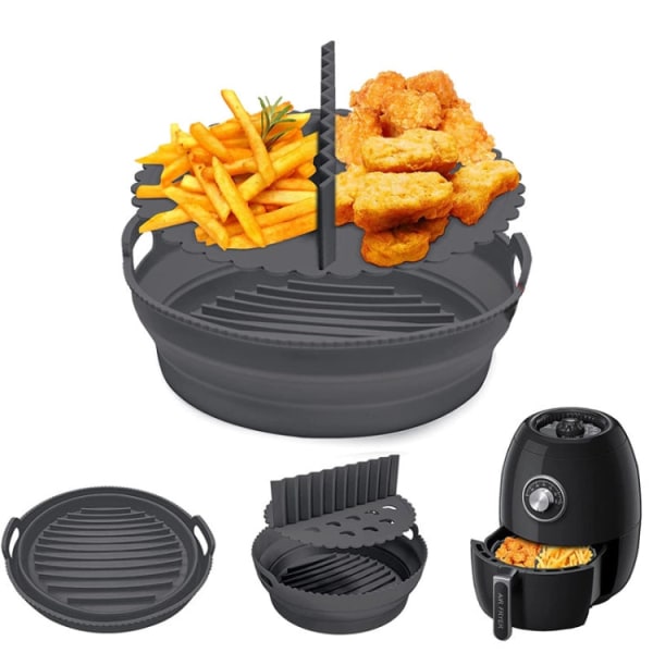 Rund 2-lagers Air Fryer Silikonkorg Återanvändbar hopfällbar Air Fryer Form Liner bricka (grå)