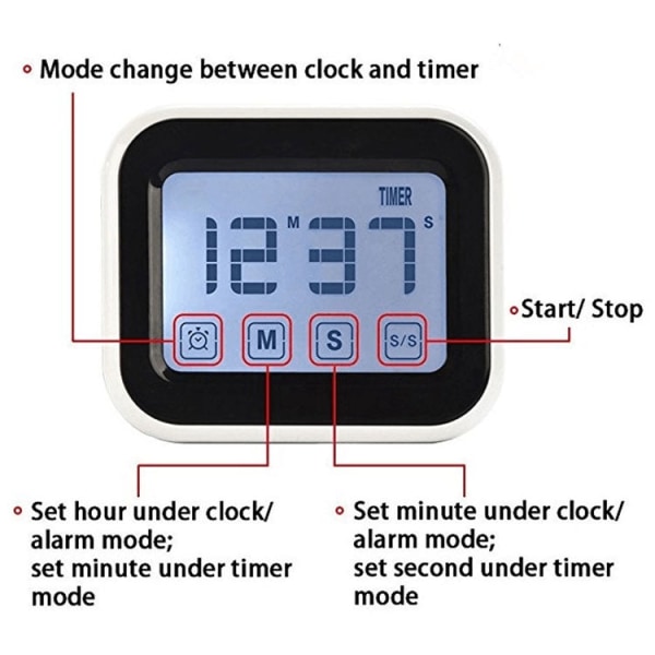 Kökstimer Digital väckarklocka Stor LCD-pekskärm med nattljus för matlagning Bakning (vit)