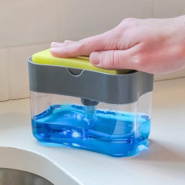 Köksdiskmaskin Borstpress Flytande Tvål Pump Box Tvålautomat med tvättsvamp Tvättmedel Automatisk rengöringsborste (grå)