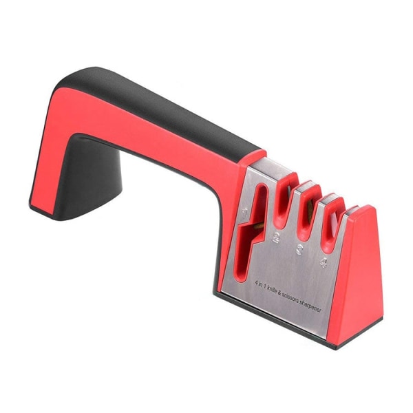 4 i 1 knivvässare i rostfritt stål Fyrsektionshandhållet snabbvässningsverktyg med halkfritt handtag (röd)