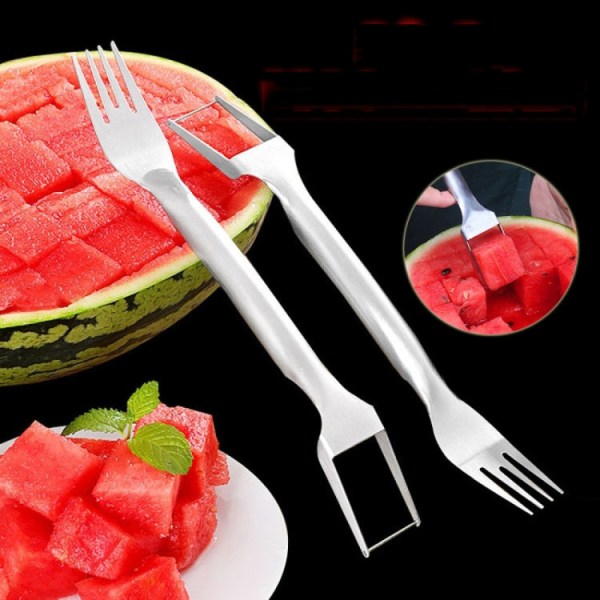 2 i 1 vattenmelon gaffelskärare i rostfritt stål köksfruktskärare