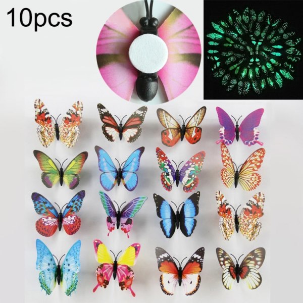 10 st mode lysande fjäril med dubbelsidig självhäftande simulering kylskåpsmagneter Väggdekor trädgårdsdekoration, slumpmässig färgleverans