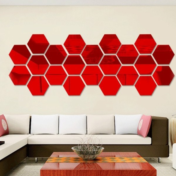 12 ST 3D hexagonala set med spegel, storlek: 10*10 cm (röd)