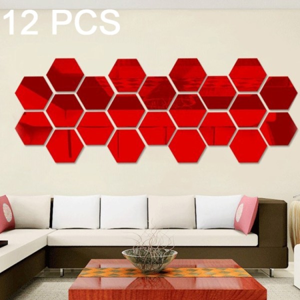 12 ST 3D hexagonala set med spegel, storlek: 10*10 cm (röd)