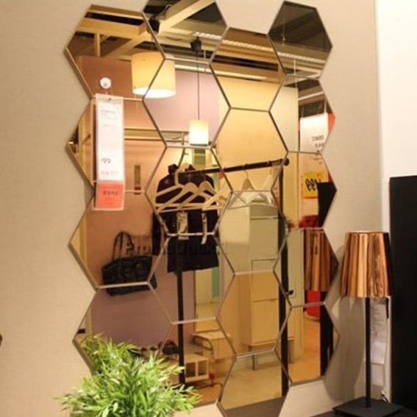 12 st 3D sexkantiga spegel väggdekaler set, storlek: 8*8 cm (guld)