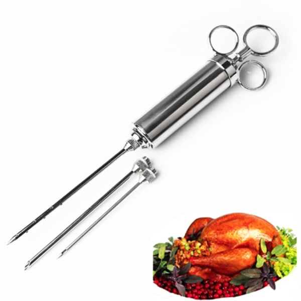 60 ml spruta av rostfritt stål Dubbla nålar Kryddor Turkiet köttinjektor matlagningsverktyg (silver)