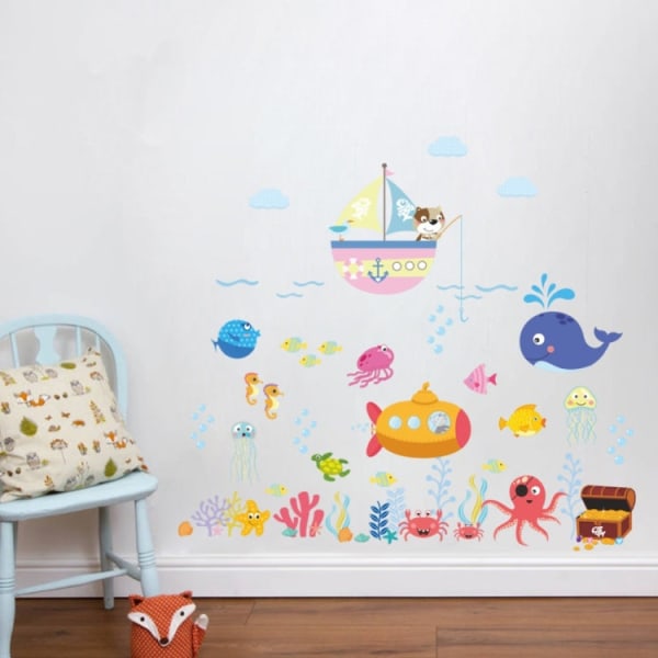 Ocean Cartoon Wall Sticker Badrum Underwater World Fish Home DIY Stickers