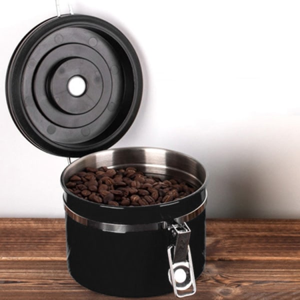 1200 ml rostfritt stål förseglad mat Kaffesump Bönförvaringsbehållare med inbyggd CO2-gasventil och kalender (svart)
