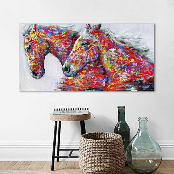 Två hästar Akvarell Dekorativ oljemålning Vardagsrumsdekoration Målning Ramlös kärna, Storlek: 40 x 80 cm (Två hästar)