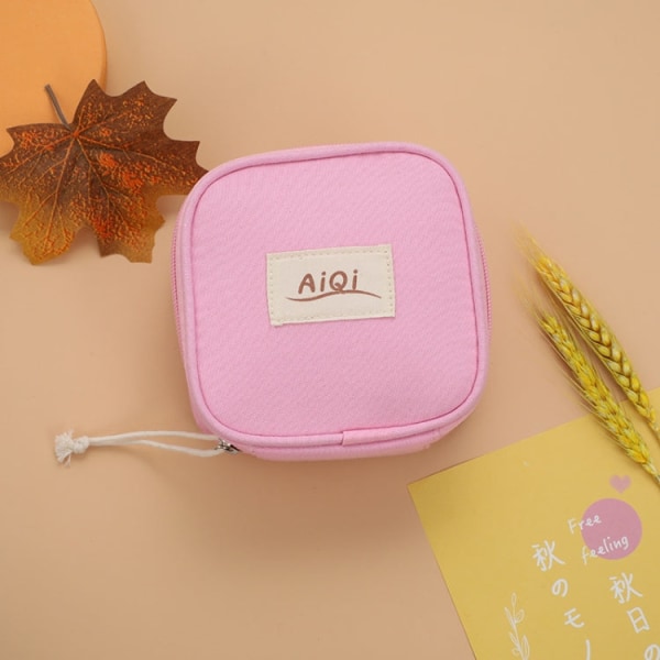 AiQi bärbar canvas sanitetsbinda förvaringsväska Multifunktionell läppstift kosmetisk väska (rosa)