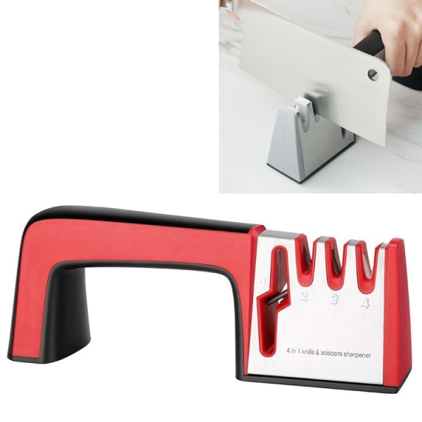 4 i 1 knivvässare i rostfritt stål Fyrsektionshandhållet snabbvässningsverktyg med halkfritt handtag (röd)