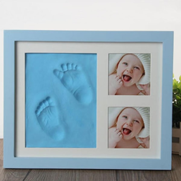 Baby Hand Foot Print Form Maker Solid trä fotoram med cover Fingerprint Mud Set(blå)