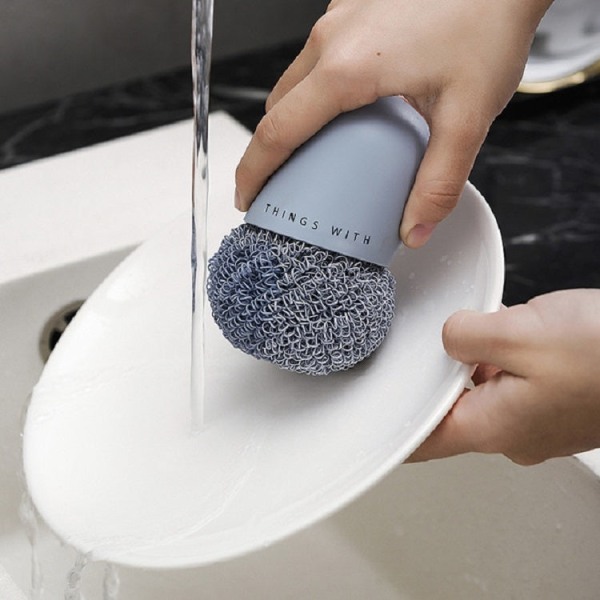 Rengöringskula i polyester Rengöringsborste för hushållshandtag Köksborste med kort handtag för diskmaskin, färg: blå