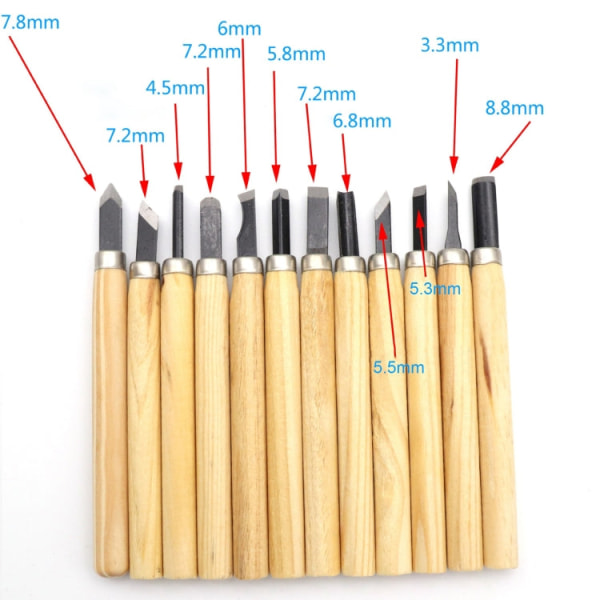 12 st / set Diverse träsnideriverktygset med blad i rostfritt stål och trähandtag