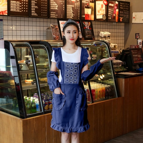 Prinsessförkläde Kök Arbetskläder för kvinnor Coffee Shop Förkläde, Specifikation: Förkläde + ärm (Mörkblå)