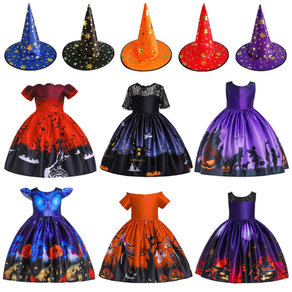 Halloween Klänning Häxa Pumpkin Ghost Cosplay Kostymset med väska för flickor barn WS001 Dress Hat Size 150