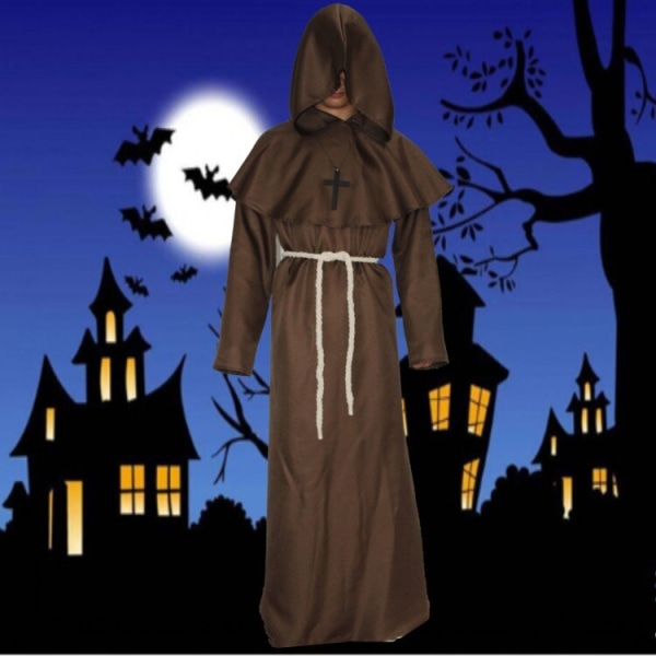 Medeltida broder munk huva renässans präst dräkt Halloween Cosplay Brown 2XL