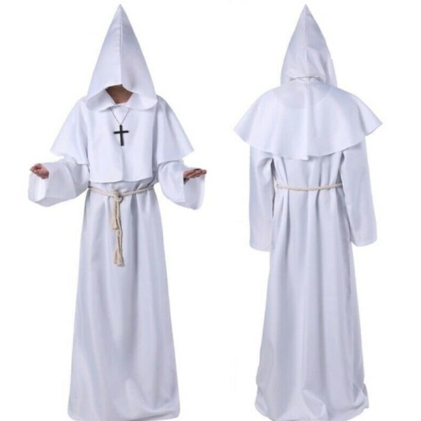 Medeltida broder munk huva renässans präst dräkt Halloween Cosplay White L