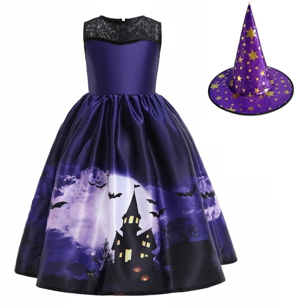 Halloween Klänning Häxa Pumpkin Ghost Cosplay Kostymset med väska för flickor barn WS012 Dress Hat Size 130