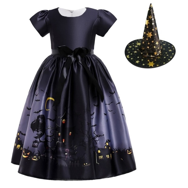 Halloween Klänning Häxa Pumpkin Ghost Cosplay Kostymset med väska för flickor barn WS009 Dress Hat Size 130