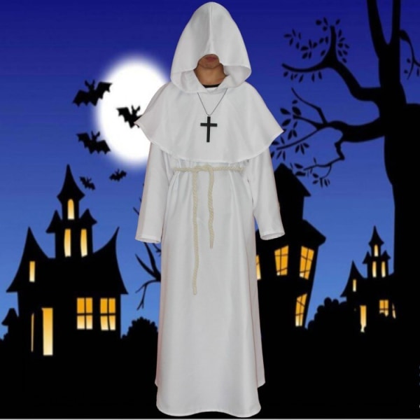 Medeltida broder munk huva renässans präst dräkt Halloween Cosplay White 2XL