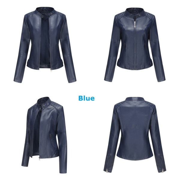 Moto Biker Short Coat Jacka i konstläder för kvinnor Blue 2XL