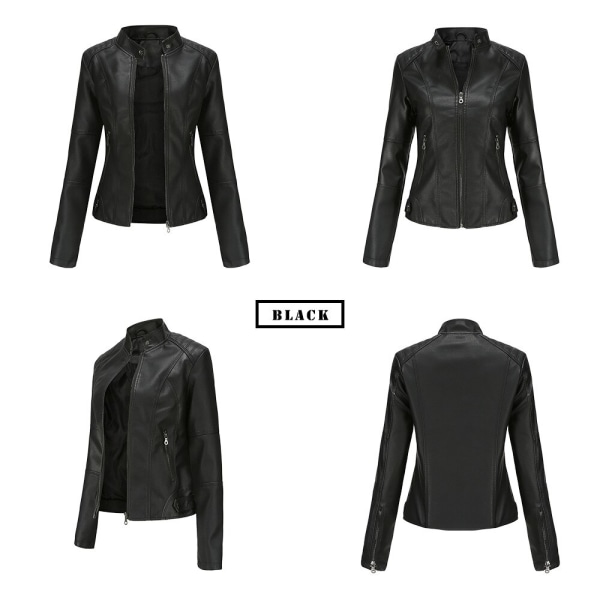 Moto Biker Short Coat Jacka i konstläder för kvinnor Black 2XL