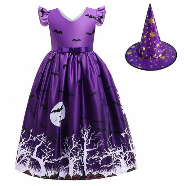 Halloween Klänning Häxa Pumpkin Ghost Cosplay Kostymset med väska för flickor barn WS011 Dress Hat Size 160