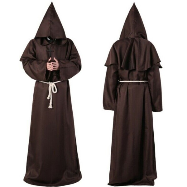 Medeltida broder munk huva renässans präst dräkt Halloween Cosplay Brown L