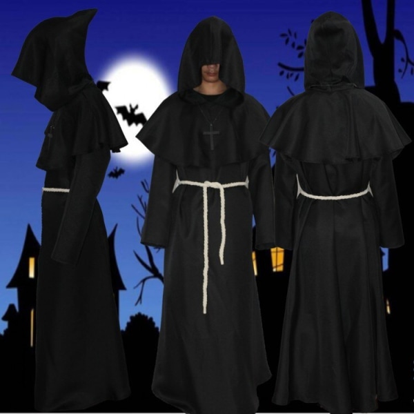 Medeltida broder munk huva renässans präst dräkt Halloween Cosplay Black S