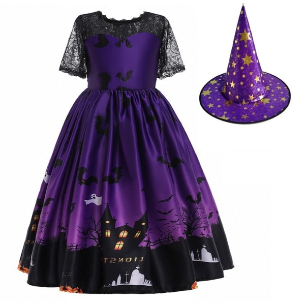 Halloween Klänning Häxa Pumpkin Ghost Cosplay Kostymset med väska för flickor barn WS010 Dress Hat Size 130