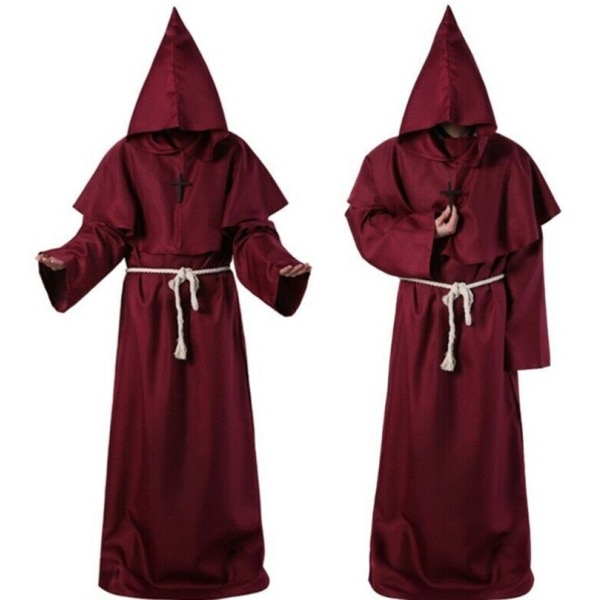 Medeltida broder munk huva renässans präst dräkt Halloween Cosplay Red M