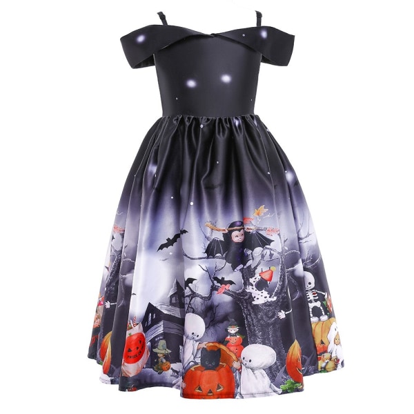 Halloween Klänning Häxa Pumpkin Ghost Cosplay Kostymset med väska för flickor barn WS008 Size 130