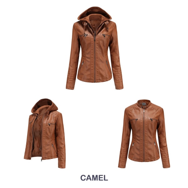 Avtagbar huvtröja för damer Jacka i konstläder Moto Biker Coat Camel 4XL