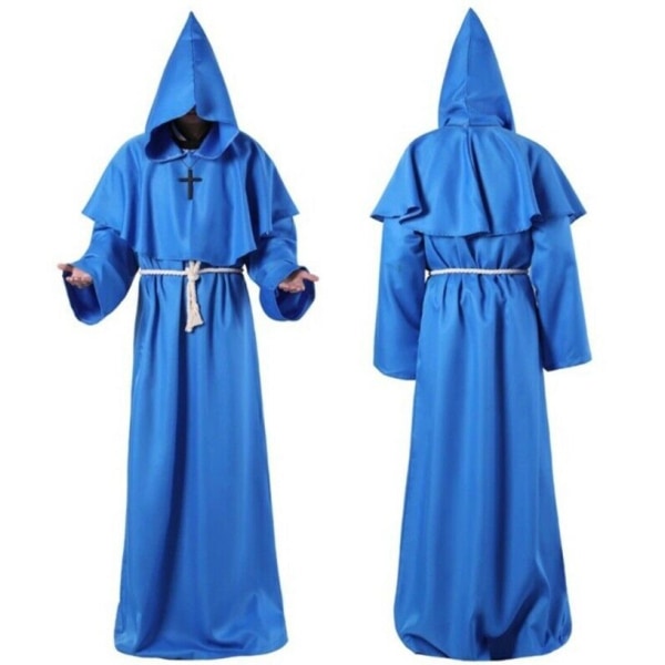 Medeltida broder munk huva renässans präst dräkt Halloween Cosplay Blue S