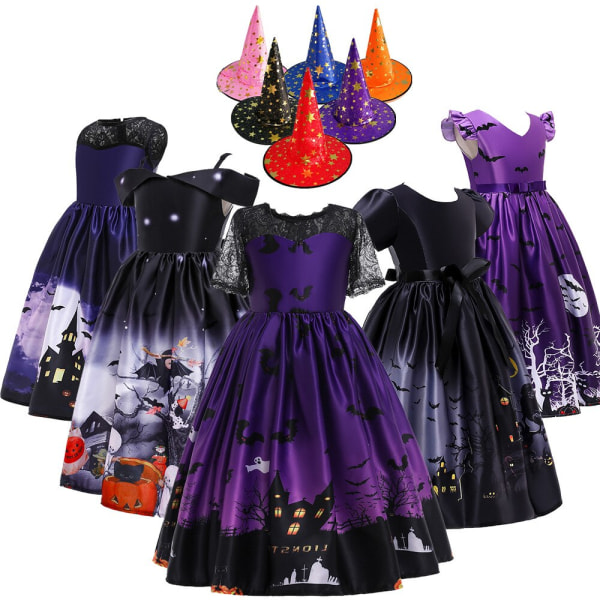 Halloween Klänning Häxa Pumpkin Ghost Cosplay Kostymset med väska för flickor barn WS002 Dress Hat Size 130