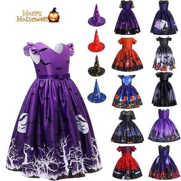 Halloween Klänning Häxa Pumpkin Ghost Cosplay Kostymset med väska för flickor barn WS002 Dress Hat Size 130