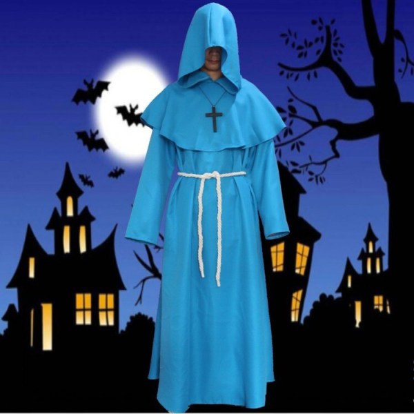 Medeltida broder munk huva renässans präst dräkt Halloween Cosplay Blue 2XL
