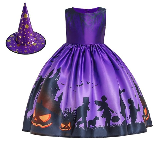 Halloween Klänning Häxa Pumpkin Ghost Cosplay Kostymset med väska för flickor barn WS001 Dress Hat Size 130