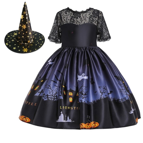 Halloween Klänning Häxa Pumpkin Ghost Cosplay Kostymset med väska för flickor barn WS002 Dress Hat Size 130