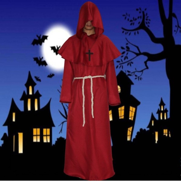 Medeltida broder munk huva renässans präst dräkt Halloween Cosplay Red L