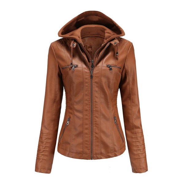 Avtagbar huvtröja för damer Jacka i konstläder Moto Biker Coat Camel 3XL