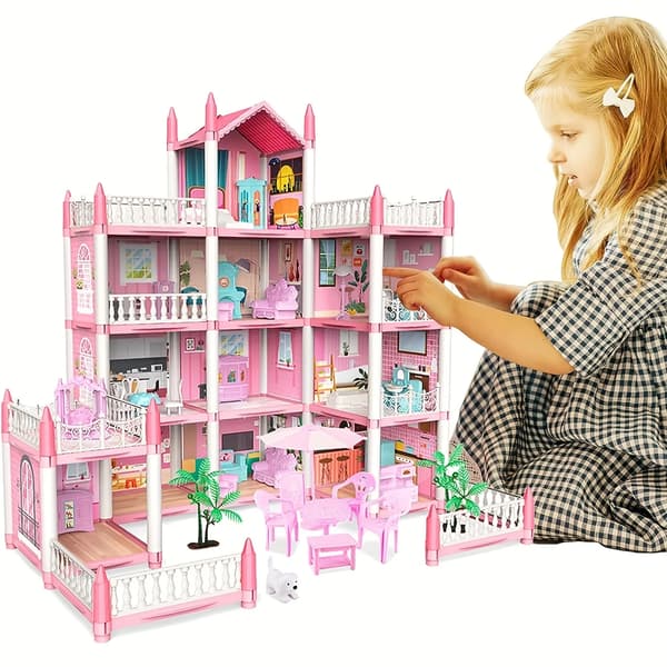 Dockhus 9 Rum Villa – Prinsesslott med möbler | Monteringsbart dockhus för barn