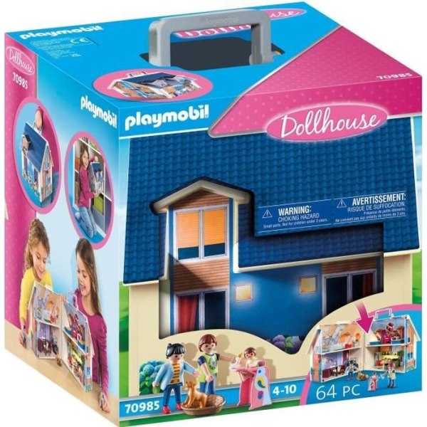 PLAYMOBIL - Blue Transportable House - 3 tecken - Tillbehör ingår - Playmobil 70985 Dollhouse Det traditionella huset