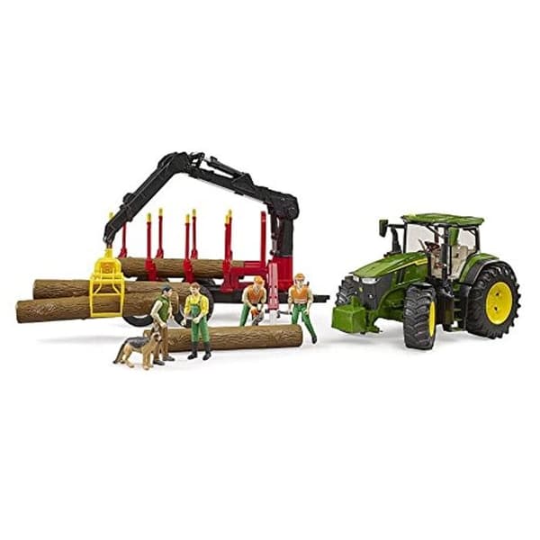 John Deere 7R med skovvogn og 4 træstammer