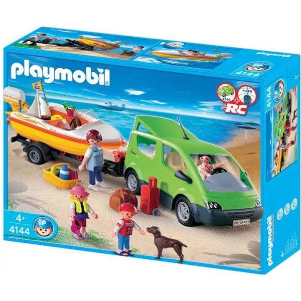 PLAYMOBIL - Familjebil och båt - 4 tecken - Båttrailer - Hund - Tillbehör